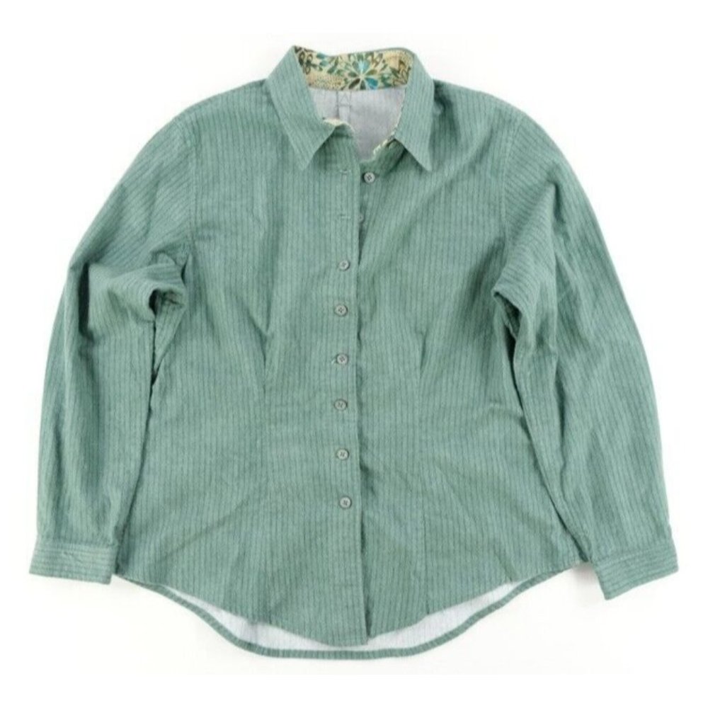 Custom Green Striped Womens Button Down Shirt  Sz. Lar Floral Cuffs Fleece Shirt